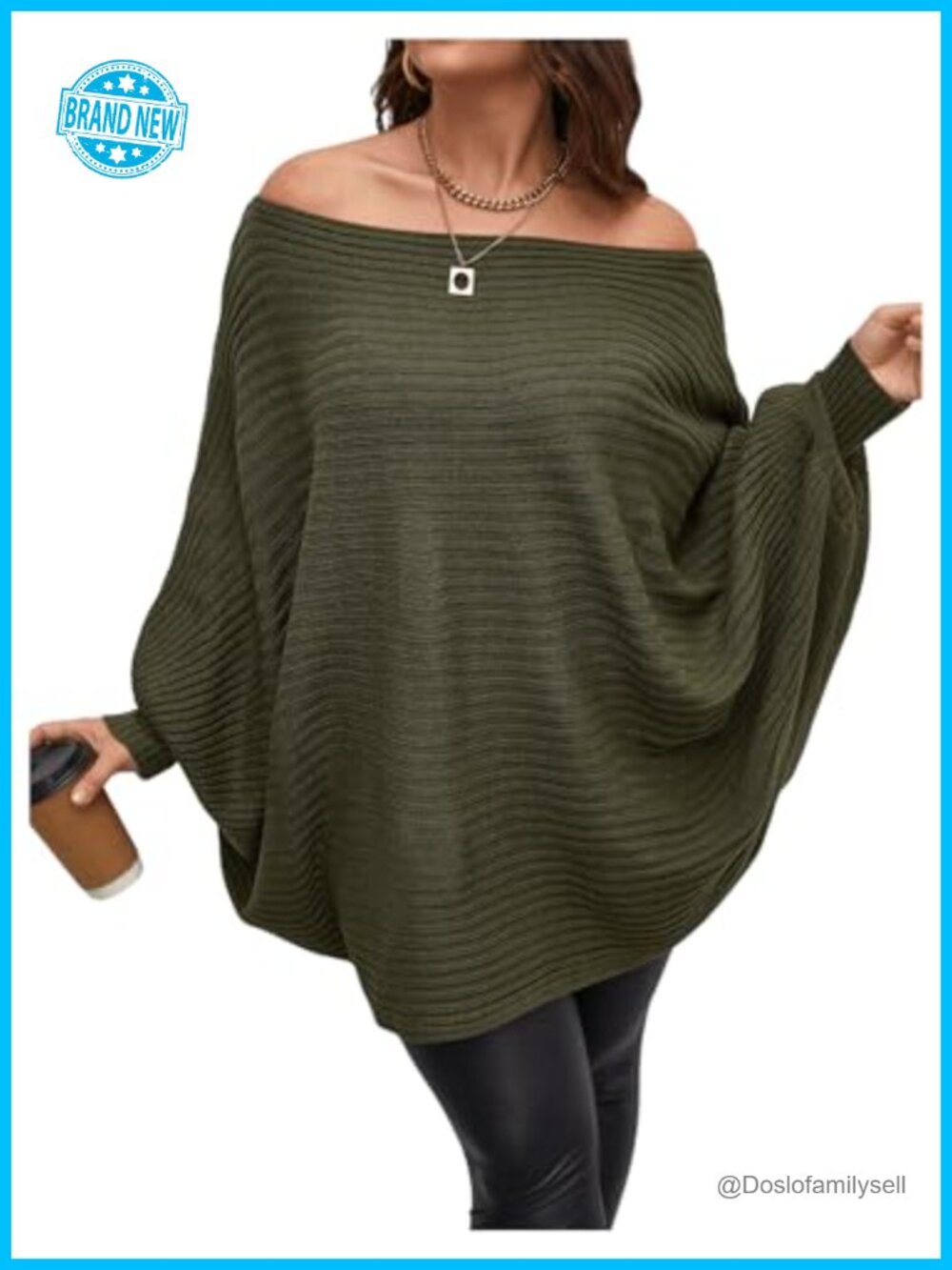 Plus Size Off Shoulder Rib Knit Batwing Sleeve Pullover Sweater